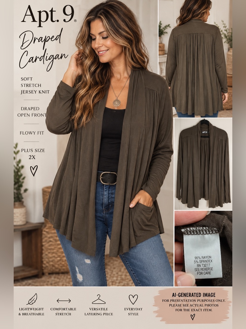 APT. 9 DRAPED OPEN FRONT CARDIGAN